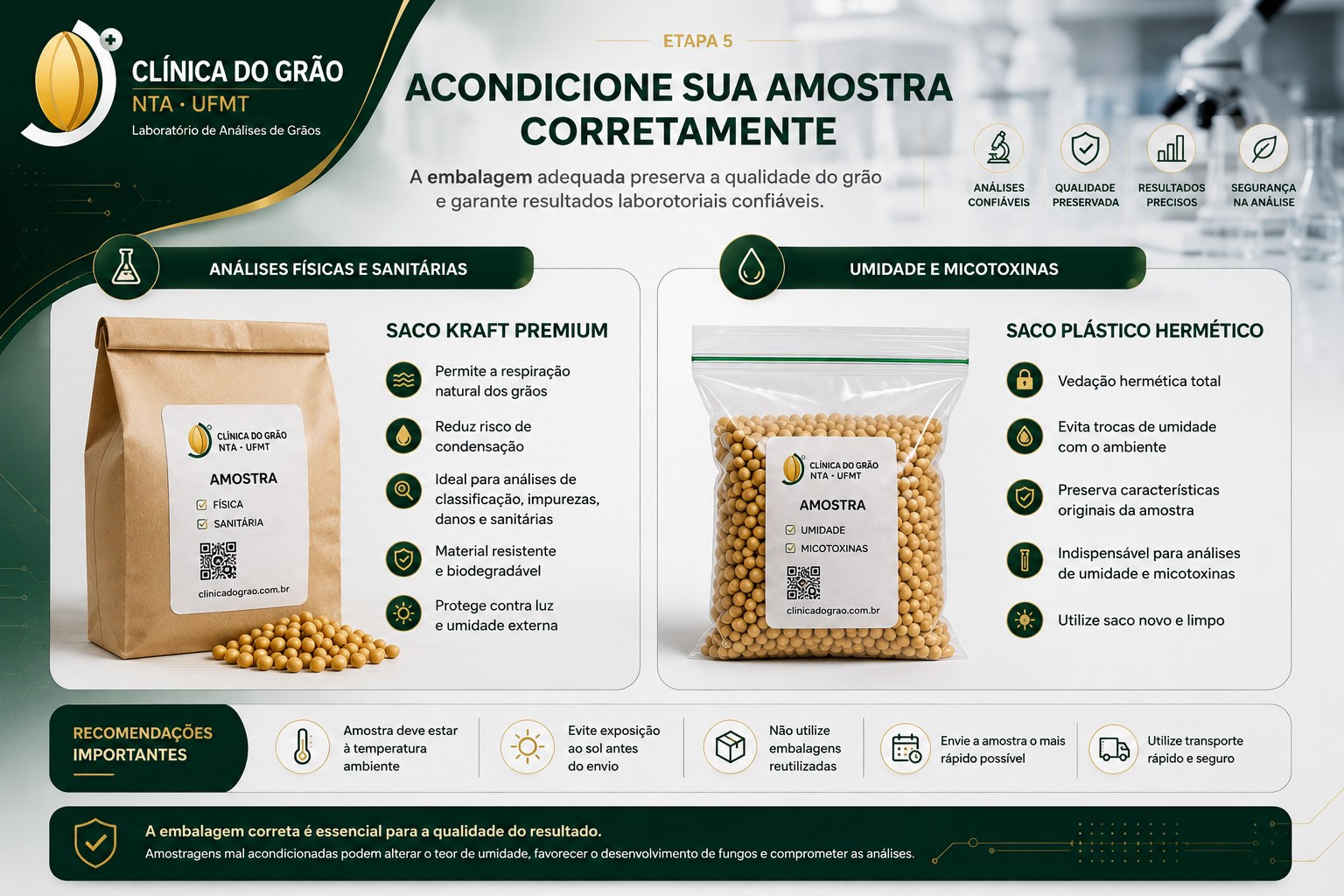 Acondicione sua amostra corretamente: saco kraft para físicas/sanitárias e saco plástico hermético para umidade/micotoxinas