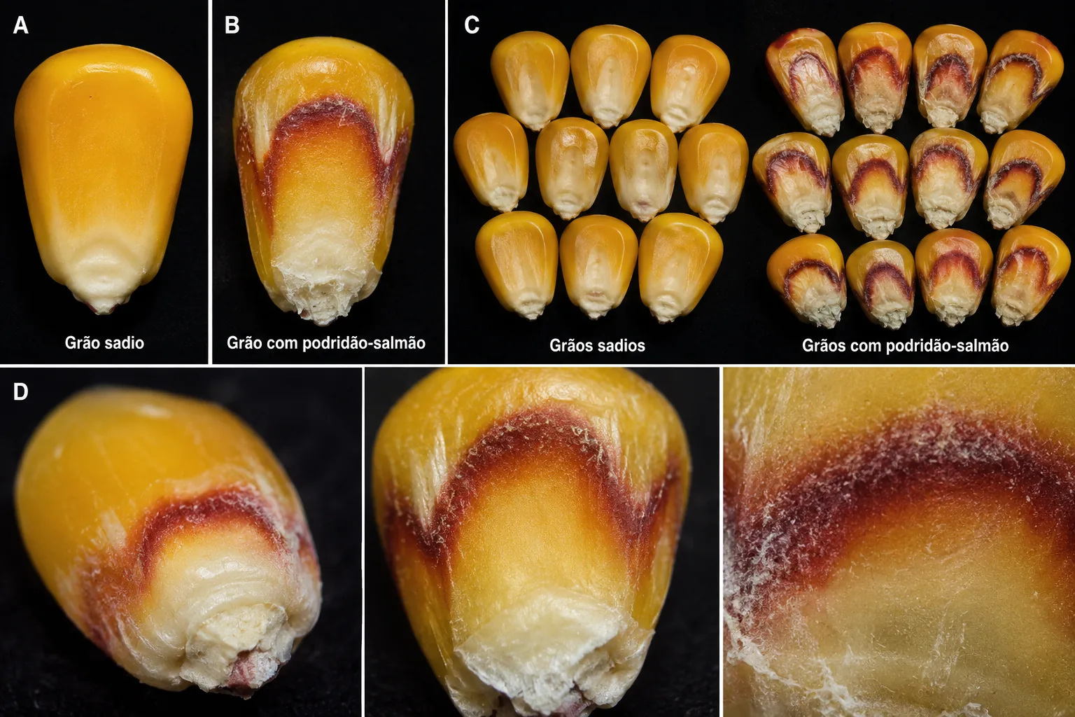 Comparação visual entre sementes de milho bem formadas e sementes com danos e má formação.