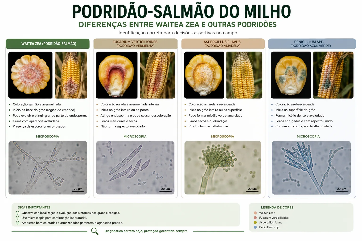 Infográfico comparativo entre sinais associados a diferentes podridões de espiga do milho.