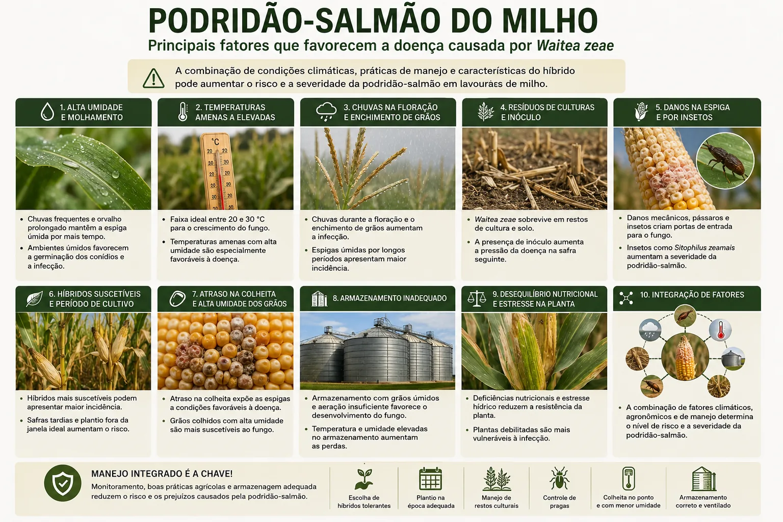 Infográfico sobre fatores ambientais e de manejo associados a maior risco de podridões de espiga.