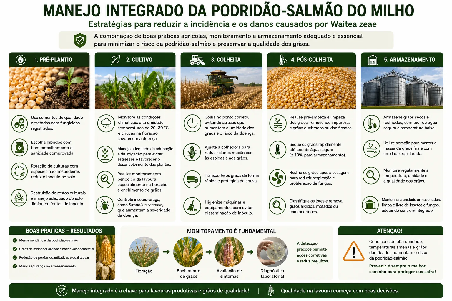 Infográfico com pilares de manejo integrado para reduzir riscos associados a podridões de espiga.
